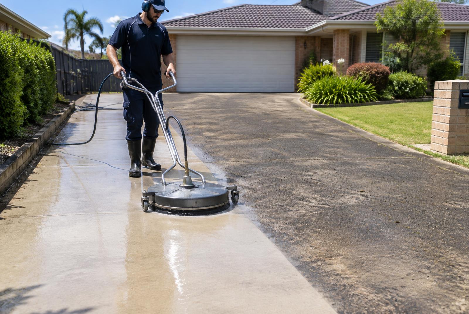 Freshly cleaned concrete driveway in front of a Brisbane home