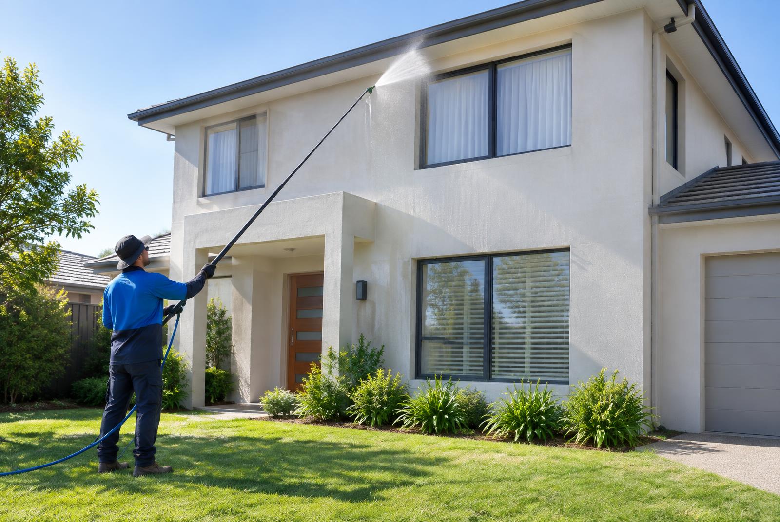 Soft washing the exterior walls of a two storey home