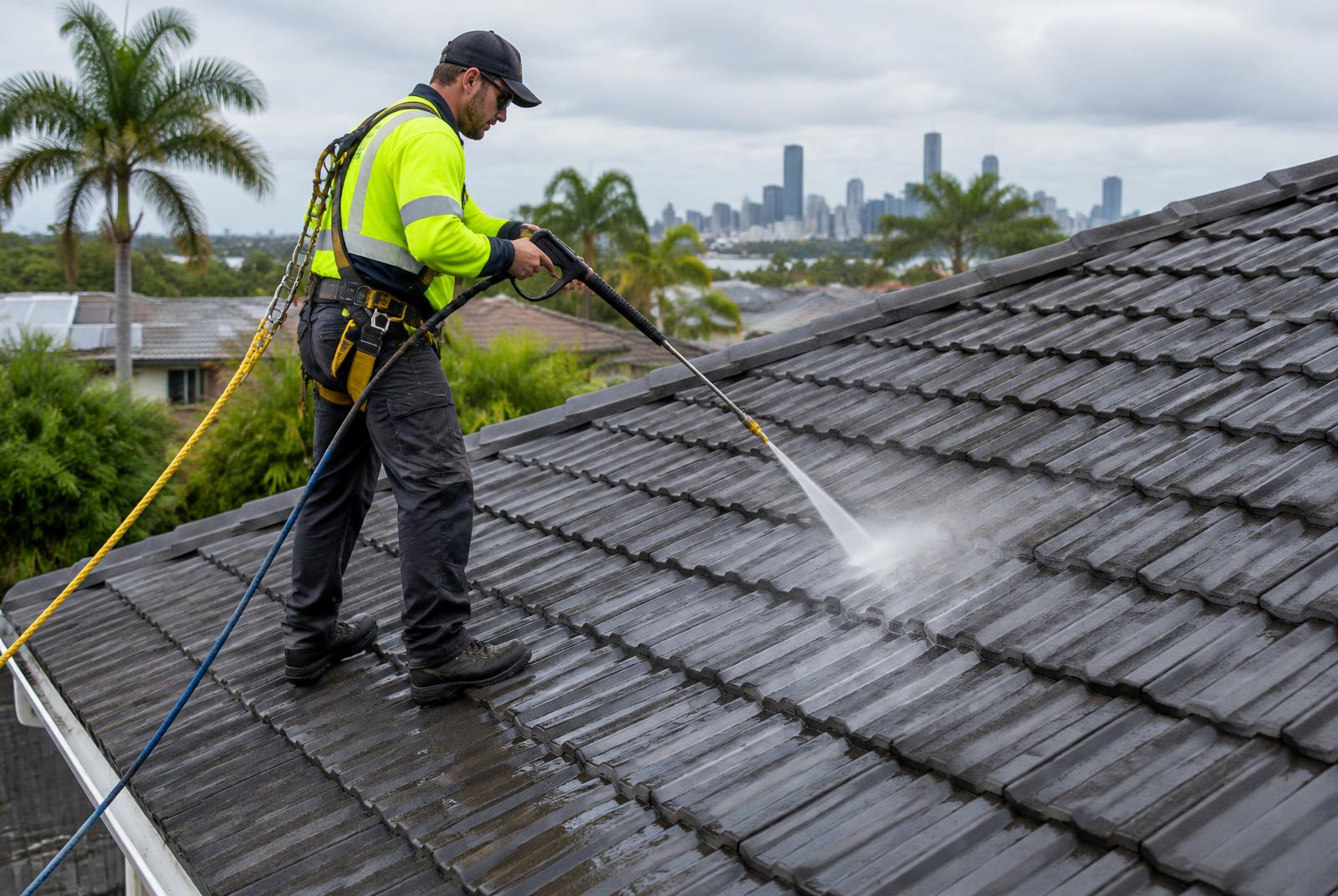 Clean tiled roof on a Brisbane home under a blue sky